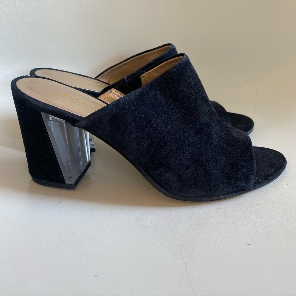Nine West Gemily black open toe mules with acrylic heel detail